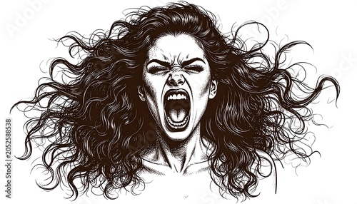 A grayscale illustration of a woman with long, wavy hair screaming