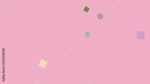 Soft pastel geometric confetti floating in gentle motion against a pink background with black bars for text