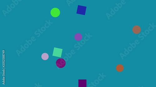 Teal background with floating geometric shapes and confetti during celebration event