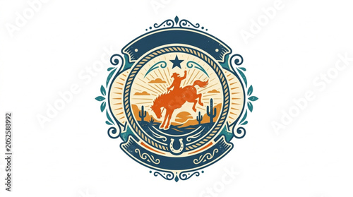 Foto Retro Cowboy Riding Bucking Bronco Emblem Design.