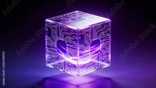 Transparent cube with glowing circuit design