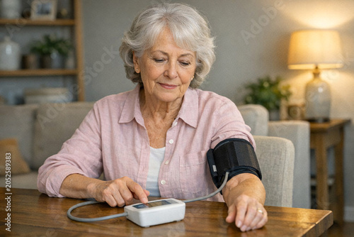 A senior female measuring her systolic and diastolic pressure in the comfort of her own house.