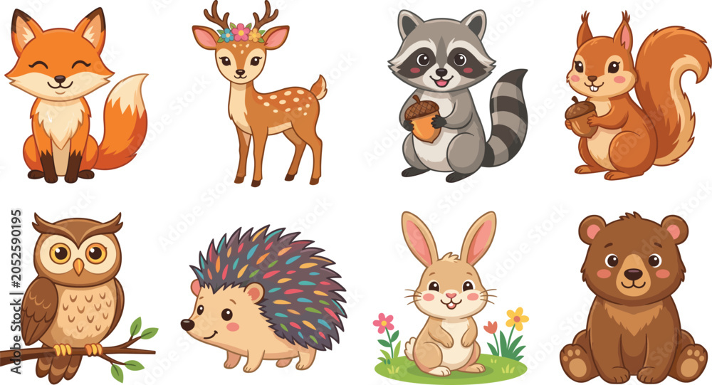 Obraz premium Cute woodland animal collection featuring cartoon fox deer raccoon squirrel owl hedgehog rabbit and bear cub vector set