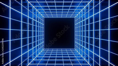 Blue neon grid tunnel perspective