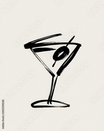 Minimal Black Martini Glass Sketch with Olive on Clean Neutral Background