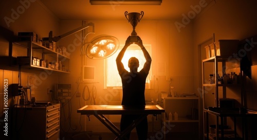 Man holding trophy in workshop studio.