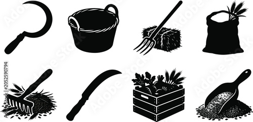Bild auf Leinwand Vector collection of eight farm and agriculture icons including sickle basket pi