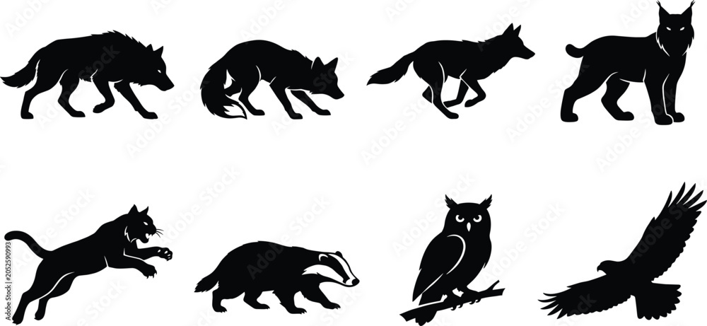 Fototapeta premium Vector collection of eight wild predator animal silhouettes including wolf fox lynx badger owl and flying hawk