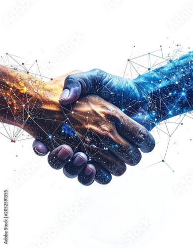 A handshake between two hands with a glowing network of lines and dots on a white background