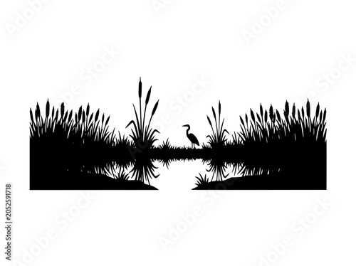 Silhouette of Marsh Landscape with Heron Reeds and Cattails