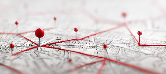 Close-up of a city map with red push pins connected by red thread, illustrating a network of locations, routes, logistics, planning, navigation, travel, business connections, geographic data