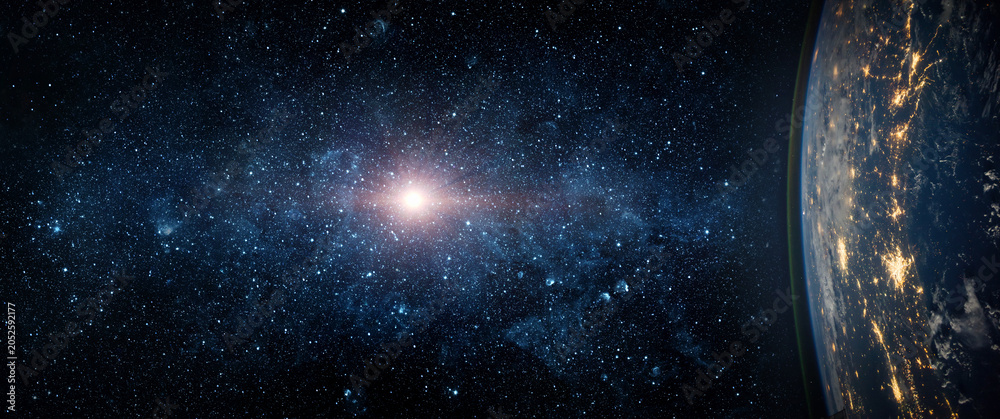 Obraz premium View from space of sunrise over planet Earth with glowing atmosphere, clouds and sunlight on the horizon. Dramatic cosmic landscape with deep space background. Elements of this image furnished by NASA