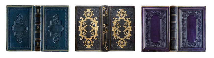 Antique hardcover book with an ornate decorative binding made of cloth and illustrated cardboard, featuring rich gold embossing and vivid colors. Isolated on a white background 