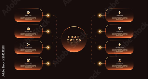 Foto Modern infographic template 8 option for business presentations, reports, data visualization, workflow layout, process diagrams, marketing analytics, fintech concepts, flowcharts, strategic planning