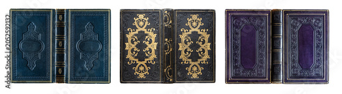 Photos Antique hardcover book with an ornate decorative binding made of cloth and illustrated cardboard, featuring rich gold embossing and vivid colors