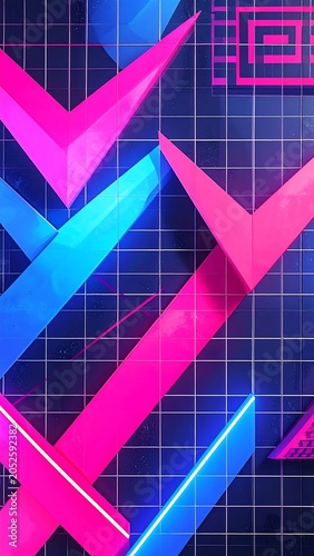 Colorful Geometric Shapes on Grid Background.