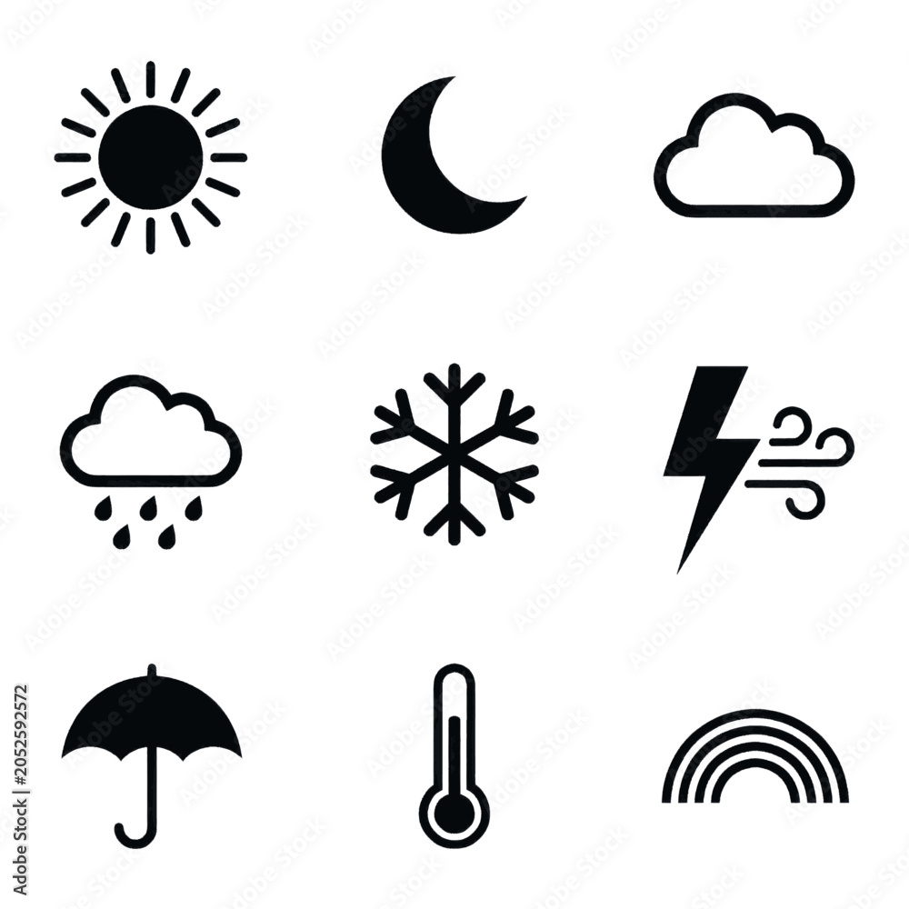 Naklejka premium Collection of weather icons representing different meteorological conditions and phenomena.