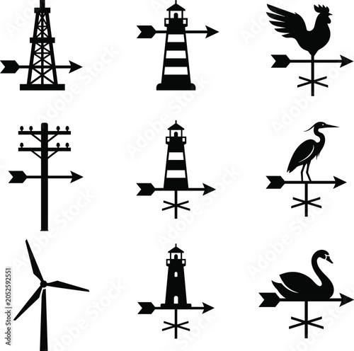 Schilderij op canvas Weather Vane Silhouette Collection with Lighthouse Wind Turbine Birds Oil Rig an