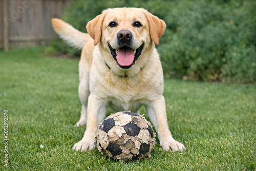A joyful dog playing with a soccer ball outdoors.