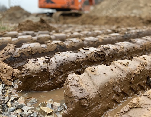 Construction site with muddy tire tracks and heavy machinery.