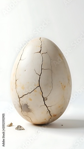 Cracked white egg on plain background with shell fragments nearby.