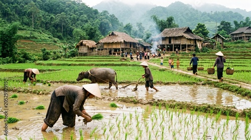 Traditional farming activities in Southeast Asia, authentic rural lifestyle