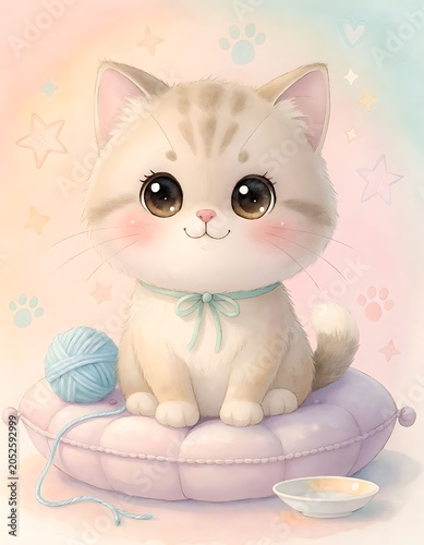 Cute Kitten with Yarn and Pillow.