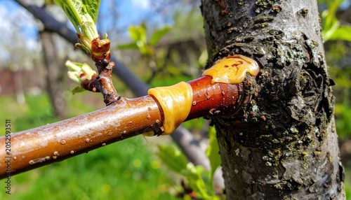 Close-up of Grafting a Fruit Tree Branch for Propagation.