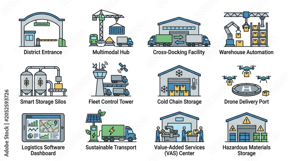 Naklejka premium Modern Logistics and Supply Chain Facility Icons