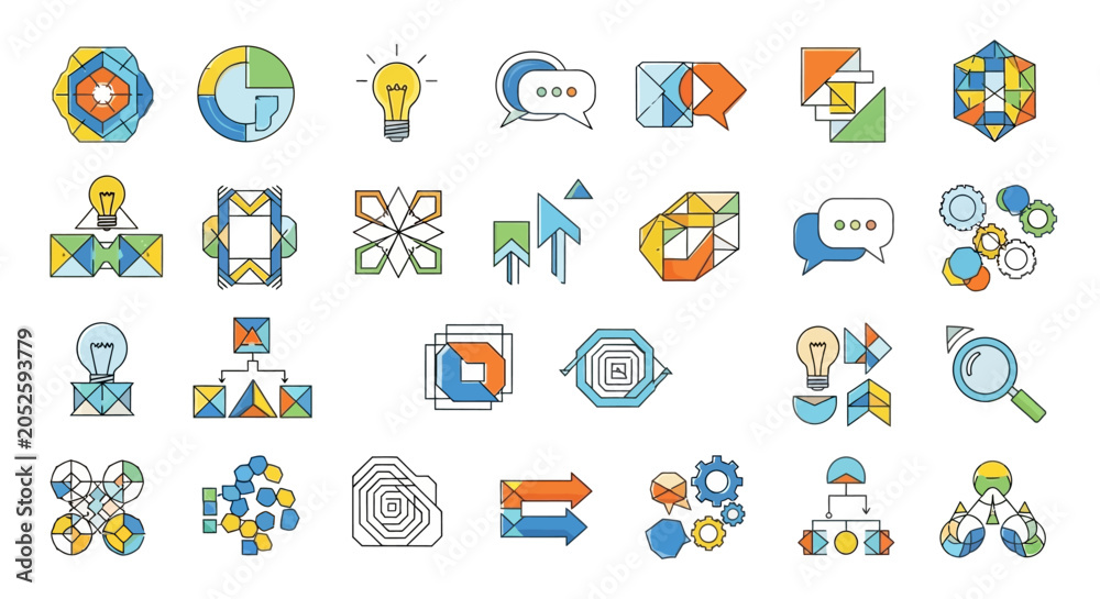 Fototapeta premium Various business and technology icons are shown in a colorful illustration.
