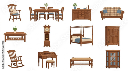 Fotografija Collection of antique wooden furniture pieces isolated on white background