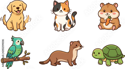 Cute Domestic Pets Vector Illustration Set with Puppy Dog Cat Hamster Parrot Ferret and Turtle Characters for Veterinary Care Designs and Kids Patterns
