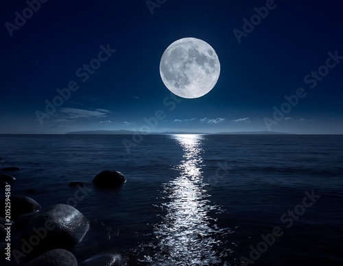 Full Moon Reflection Over Calm Ocean Waters.