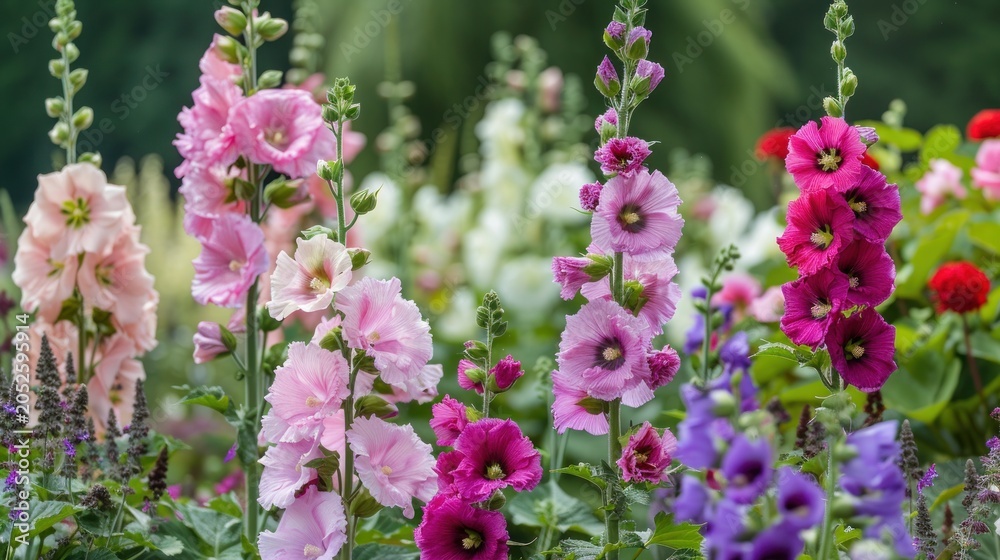 Fototapeta premium A vibrant garden scene featuring pink 
