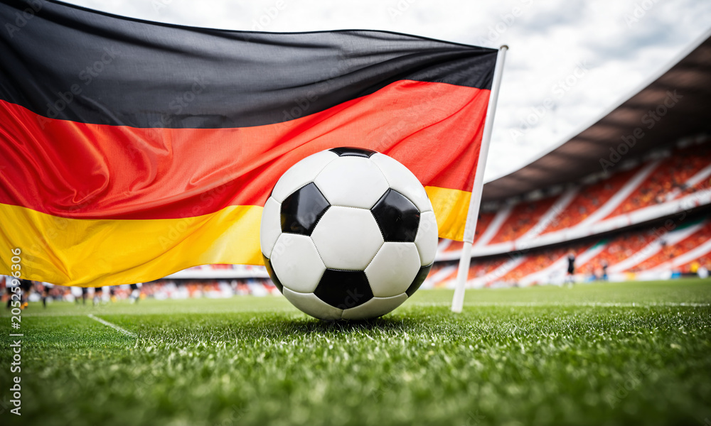 Fototapeta premium soccer ball on green grass with flag of Germany