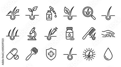 Hair care treatment and scalp health line icons set featuring follicle growth medical tools and serum bottles, concept for dermatology website design, hair loss prevention and beauty clinic