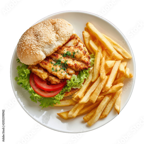 A cheeseburger with cheese and fries on a paper plate Isolated transparent on white background