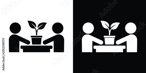 Foto Business growth and startup development icon showing two partners nurturing a plant in a pot over a table