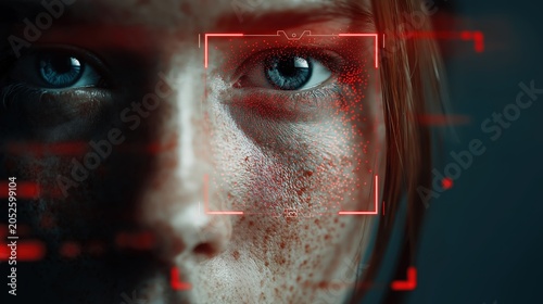 Close-up of a person's face with digital biometric scanning and facial recognition technology highlighting the eye area.