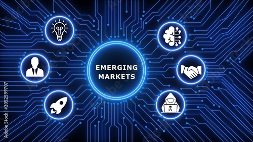 A glowing neon EMERGING MARKETS concept surrounded by smaller icons for ai and manufacturing process management all connected in a digital circuit like pattern.circuit lines and digital symbols. 4k