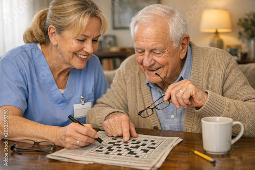 Nurse assisting senior citizen in crossword puzzle activity.