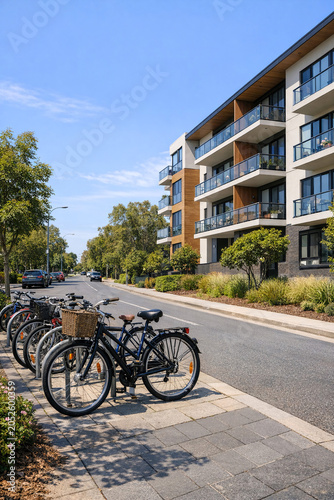 Bicycles parked near an apartment building on a sunny day.