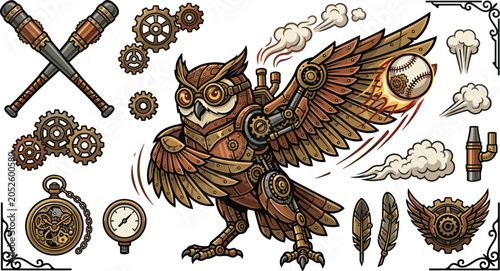 Tableau sur toile Steampunk mechanical owl baseball vector elements set with copper gears pocket w
