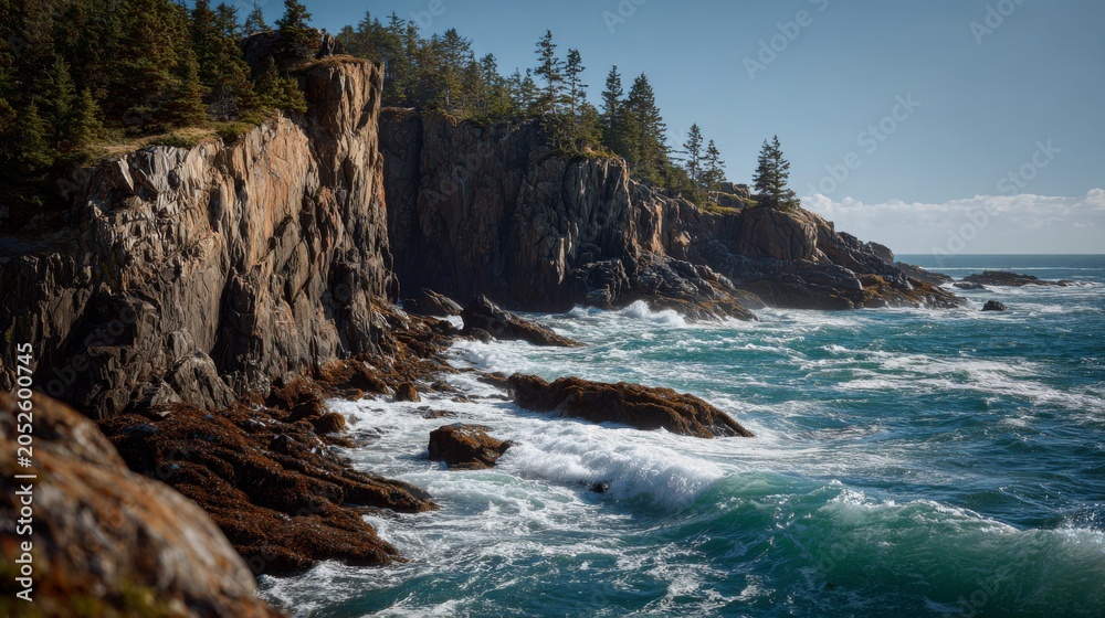 Fototapeta premium Rocky coastline meets ocean, with cliffs covered in trees under a clear blue sky, waves crashing against the shore
