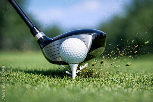 A golf club with a white ball in motion on the green grass. The golfer has just made contact and is sending it to the hole.