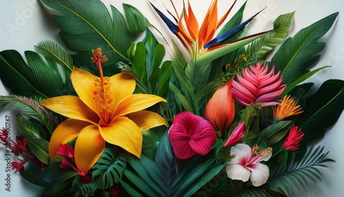 Vibrant Tropical Flowers And Lush Green Foliage Create A Stunning Floral Arrangement A Display Of Nature S Beauty And Exquisite Details