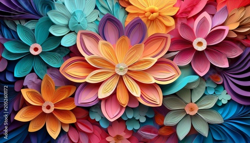 Floral Abstract Colourful Paper Cut Flower Mosaic Background