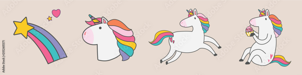 Obraz premium Vector of cute unicorns with rainbow manes and a shooting star on a beige background.