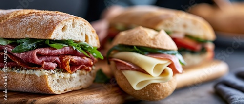 A beautifully crafted selection of artisan sandwiches featuring fresh ingredients such as cured meats, cheese, and greens, perfect for a gourmet dining experience.