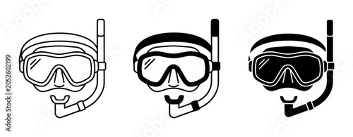 3 Snorkel Masks Icon Set, Outline Solid Silhouette, for Water Sports and Travel